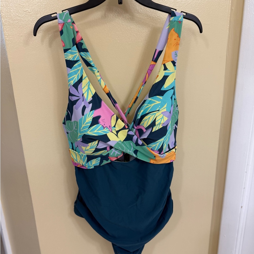 Cupshe Blue and Green One Piece with crossed back and Ruched Bust